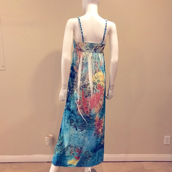 Cristina Love Summer Maxi Dress Women Medium Blue Yellow Touch of Bling Sundress - Picture 5 of 11